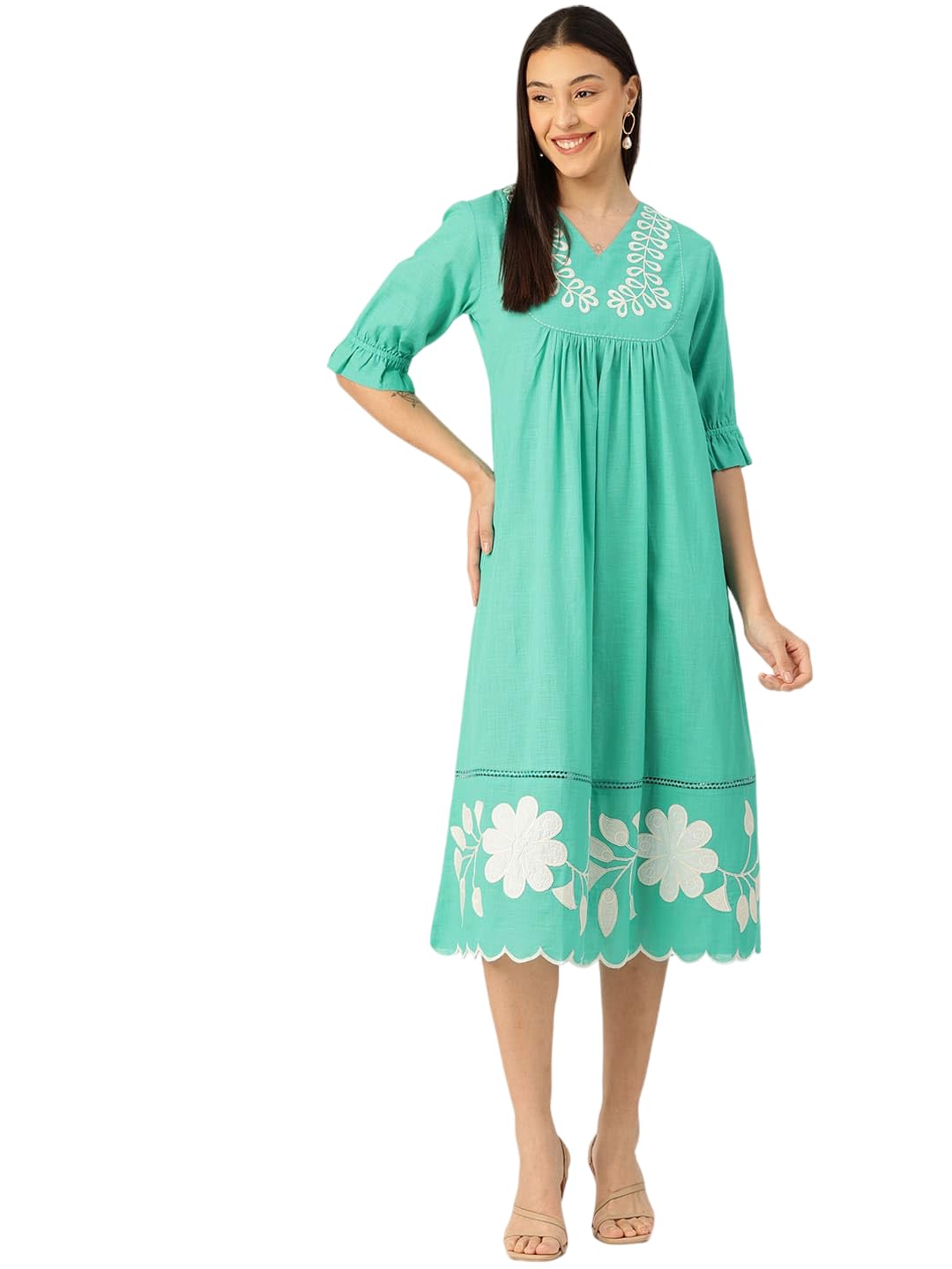 Women Floral Embroidery V-Neck Solid Maxi Dress | Calf Length Summer Outfits | Casual Wear | One Piece | 100% Cotton-image-19