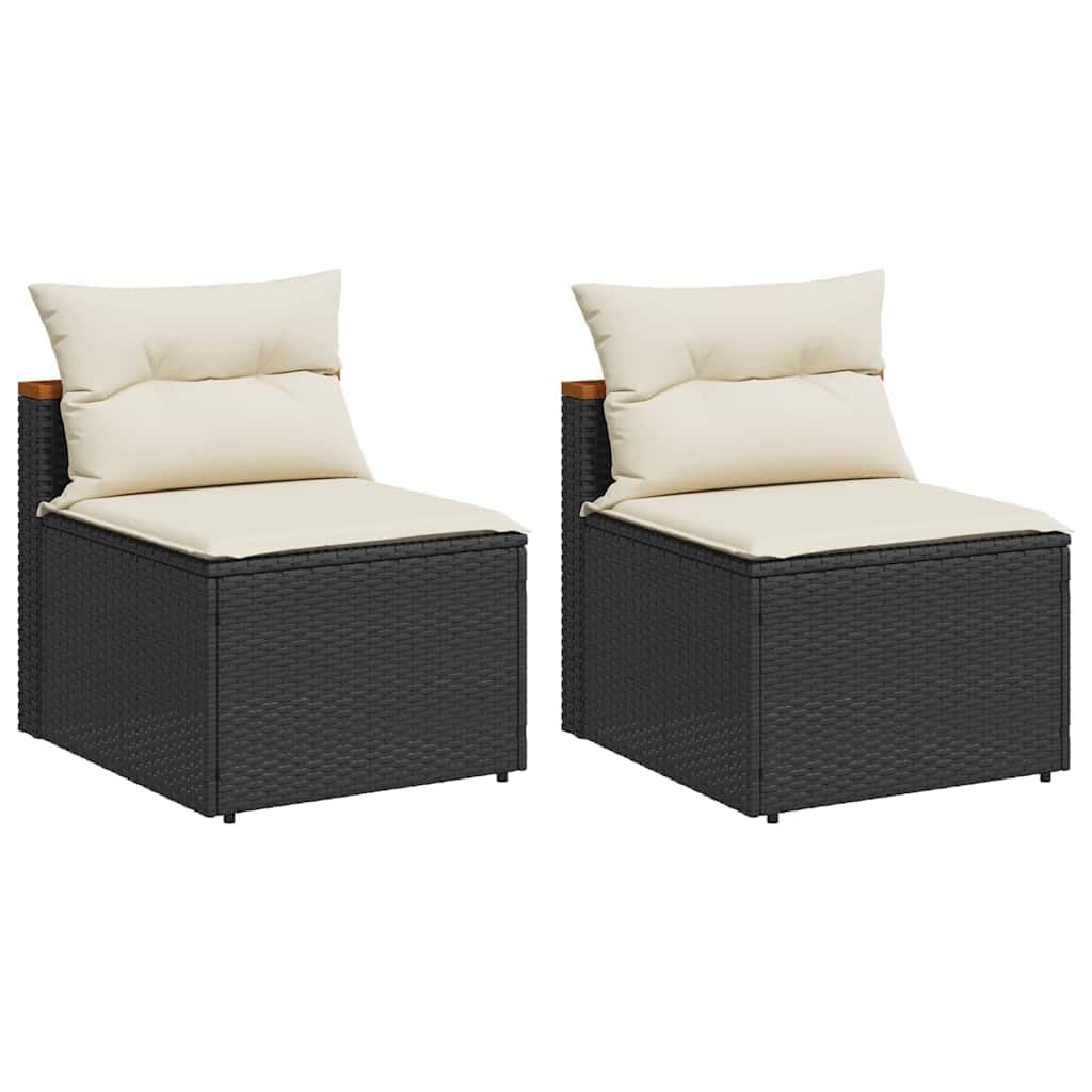 Divano Giardino Senza Braccioli 2 Pezzi Nero Polyrattan | Con cuscini bianco crema, fodera sfoderabile e lavabile, telaio in acciaio, design modulare
