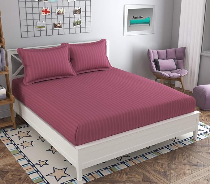 etza Luxurious Satin Striped Fitted Bedsheet for Double Bed – 210 TC, 72x78x8 Inch with Elastic, Soft & Elegant, Includes 2 Pillow Cover (17x27 Inch) (Rose Gold)-image-40