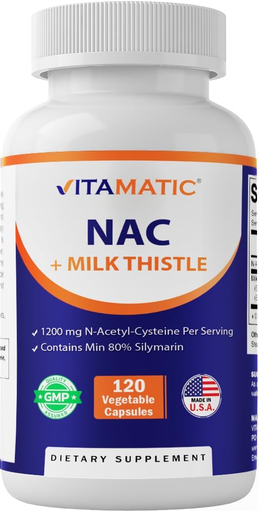 Vitamatic NAC Supplement N-Acetyl-L-Cysteine (NAC) with Milk Thistle 50:1 Extract – Supports Immune, Respiratory, Liver Health, 1200 mg per Serving, 120 Veg Capsules