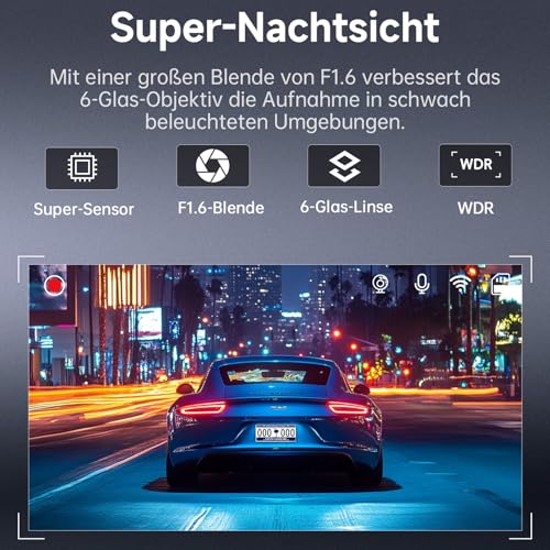 Dashcam Auto Vorne Hinten 2,5K + 1080P, Dash Cam mit WiFi, 32GB Karte, Dual-Autokamera mit 170 ° Weitwinkel, Super Nachtsicht, Auto Kamera mit Parküberwachung, G-Sensor, App-Steuerung, Loop-Aufnahme 4