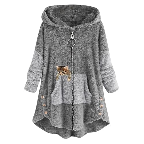 Womens Oversized Sherpa Zip Up Hoodie Cat Print Fuzzy Fleece Jacket Long Sleeve Coat Casual Winter Outwear