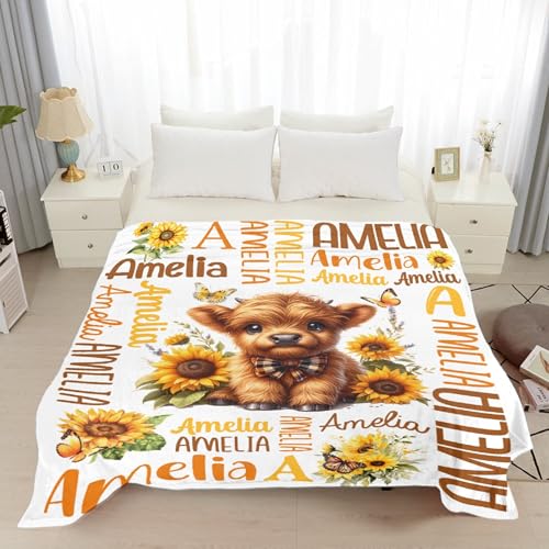 Image of Personalized Cow Sunflower Blanket, Custom Cow Gifts for Kids Adults, Soft Flannel Throws with Floral Print Decoration,40 inchx50 inch