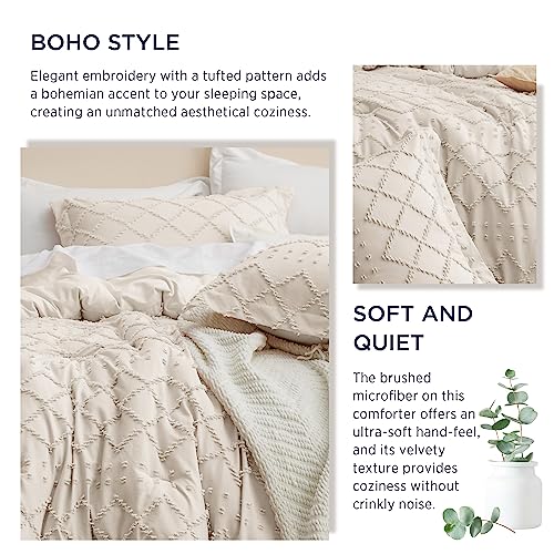 Image of Bedsure Oversized Queen Comforter Set - Beige Comforter, Boho Tufted Distressed Vintage Bedding for Kids, 3 Pieces Farmhouse-Style Bed Set for All Seasons, Fluffy Soft Bedding with 2 Pillow Shams
