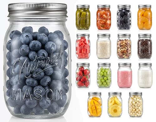 Nutrichef Pots Mason avec Couvercles - Pots DIY de 16 Oz avec Couvercles Hermétiques et Banderoles - Idéal pour la Préparation de Repas, Flocons d'Avoine, Confiture,...