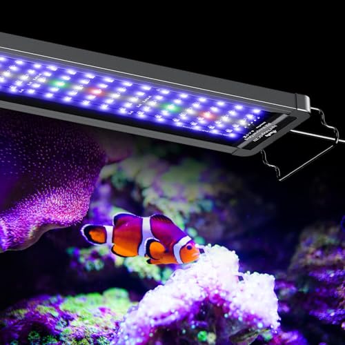 Pawfly 36W Saltwater Aquarium Light for 36' to 45' Fish Tanks Dimmable LED Reef Light for Coral Extendable Marine Fish Tank Light with Full Spectrum D/N Mode Timer Auto On/Off Adjustable Brightness