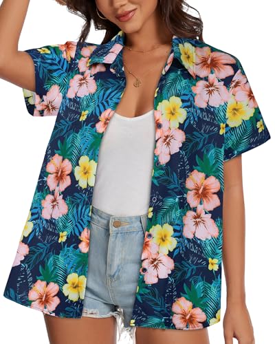 Image of Women Hawaiian Shirt Button Down Summer Tops Beach Short Sleeve Blouse