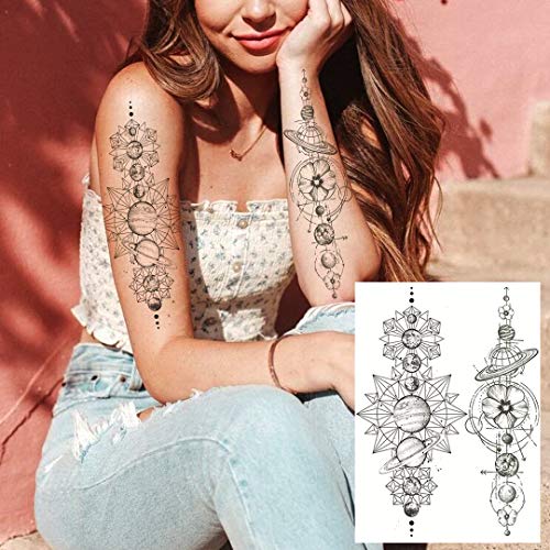 6 Sheets Nezar Black Outer Space Boys Temporary Tattoos For Kids Child Geometric Planets 3D Star Moon Bracelet Waterproof Forearm Small Face Hands Fake Tattoos Temporary Mountain Line Art Tatoos Girls #TOP3