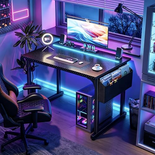 Image of DurayLoly 32 inch Gaming Desk with Waterproof LED Lights, Carbon Fiber Desktop for Small Spaces | Home Office Study Computer Desk with Storage Bag & Headphone Hook, Black