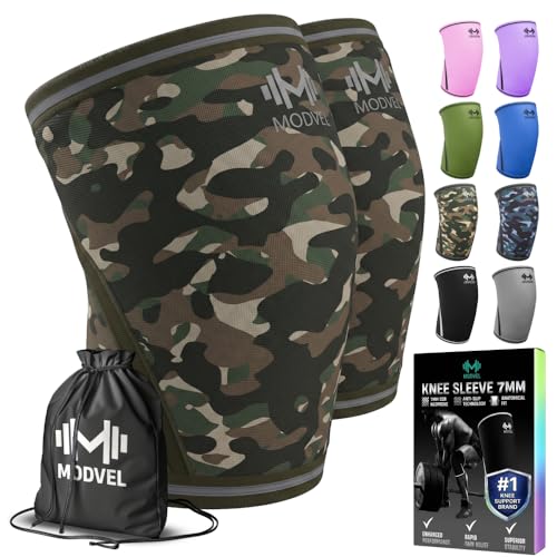 Image of Modvel 7mm Neoprene Knee Sleeves for Men & Women Weightlifting & Powerlifting - Compression Knee Sleeve Support for Squats, Gym, Training - USPA, IPL Approved - Large Army /green (Pair)