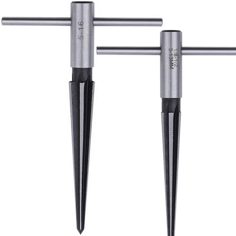 T Handle Taper Reamer Set 3-13mm(1/8''-1/2'') & 5-16mm(½"-5/8") Bridge Pin Hole Hand Held Tapered Reamers 6 Fluted Chamfer Reaming Guitar Woodworker Luthier Tool (2 Pieces)
