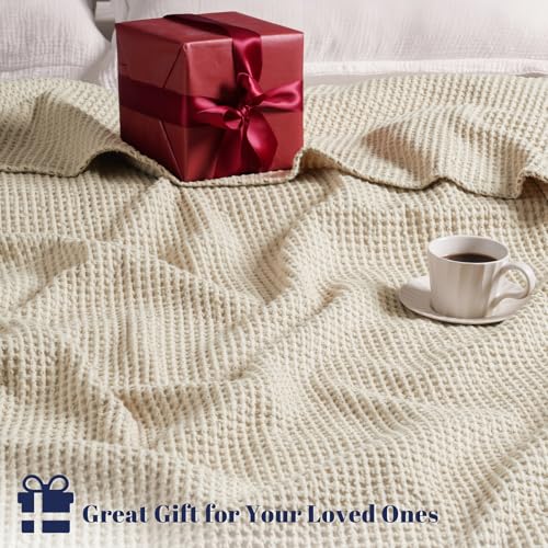 Image of PHF 100% Cotton Waffle Blanket Lightweight Breathable, Twin, Linen /Stone | Pre-washed Soft Cozy Summer Throw for Hot Sleepers, Textured Decorative Layer for Bed Couch Sofa Guest Room, Giftable