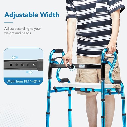 Health Line Massage Products 4 in 1 Folding Walker with Detachable Seat, Width Adjustable Folding Walkers with 5” Wheels and Extra 2 Skis, Compact Adults Walker for Seniors Support Up to 350lbs