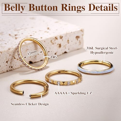 FIBO STEEL 14G Belly Button Rings 316L Surgical Steel Belly Hoop Ring Clear CZ Opal Navel Rings Clicker Segment Belly Piercing Jewelry 10mm 12mm4