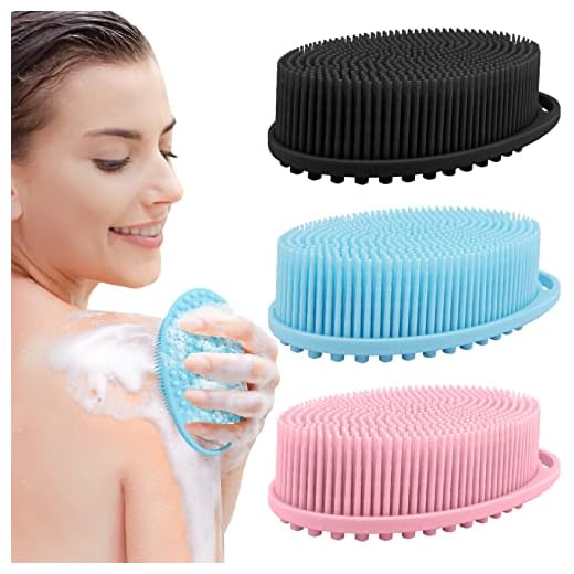 PQRUU Pacote com 3 esfregões corporais de silicone, bucha macia esfoliante, adequado para peles sensíveis e todos os tipos de pele, limpa e higiênica, espuma rápida em preto + azul + rosa