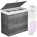 Greenstell Laundry Hamper with Lid, 125L Large Clothes Hamper with 3 Section & 2 Section Removable Liner Bags & 5 Mesh Laundry Bags, Handwoven Synthetic Rattan Divided Laundry Basket, Gray
