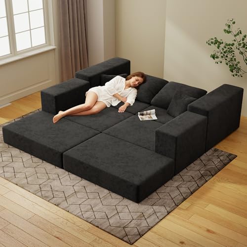 Image of Cloud Modular Sectional Sofa, Comfy Boneless Couch for Living Room, Modern L-Shaped Couch with Reversible Chaise, Customizable Sleeper Sofa with Non Slip, No Assembly & Deep Seat, Black