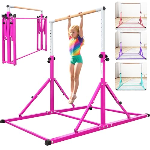PreGymnastic Foldable Gymnastics Bar, 5.6FT Horizontal Bars for Kids 3-12, Weight Limit 350 LBS, Adjustable kip Bar, Children Home Gym Equipment (Purple)