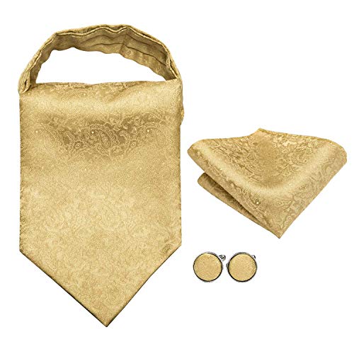 Image of Hi-Tie Silk Ascot for Men Self Tie Men's Cravat and Flower Lapel Pin Handkerchief Cufflinks Set for Wedding Party