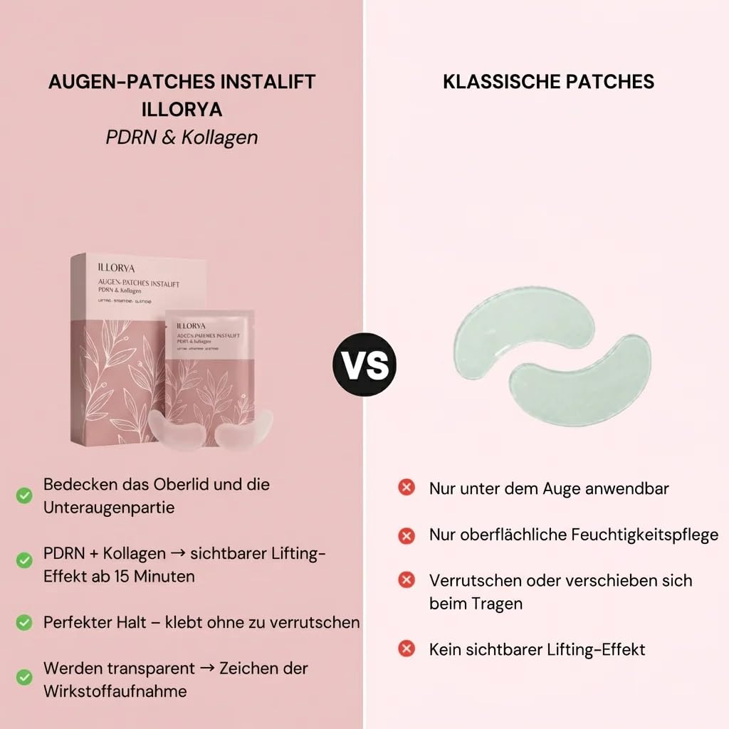 illorya Augen Patches InstaLift Mit PDRN & Kollagen PDRN + Kollagen Augenlid- und Unteraugenpartie Pflege – 15-Minuten-Lifting-Effekt, fester Halt, Transparente Wirkstoffaufnahme