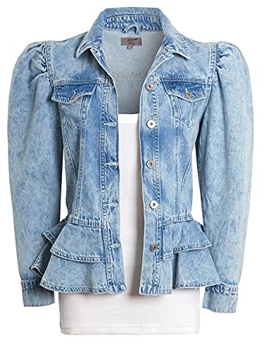 SS7 Womens Size 14 12 10 8 16 Puff Sleeve Denim Jacket Ladies Peplum Jackets Stonewash Blue