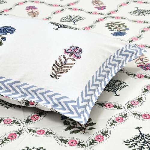 Image of DE CAMA 100% Cotton King Size Bedsheet, Blue & Pink | 300 TC Premium, 90 x 108 Inch, 2 Pillow Covers Set 17 x 27 Inch, Hand Block Printed, Since 1997