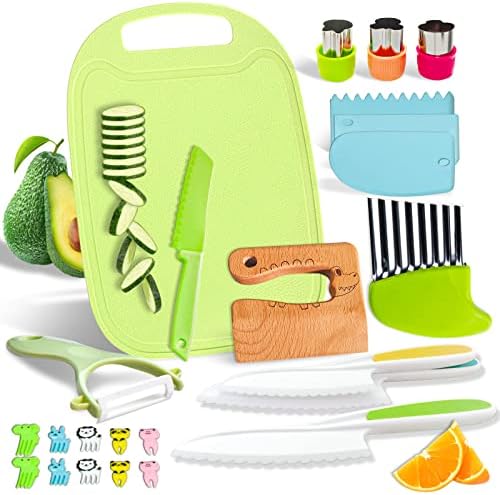 24 Pieces Kids Kitchen Knife Set, Wood Safe Knife for Real Cooking, Serrated Edges Plastic Toddler Knife including Y Peeler Cutting Board Biscuit Molds Cream Scraper Fruit Forks Plastic Potato Slicers
