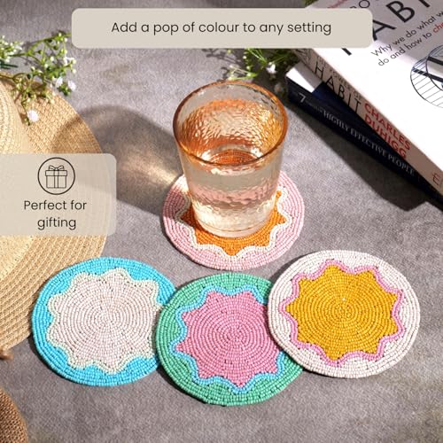 Image of Dreamy Walls Beaded Coaster Set of 4- Multicolor Glass-Bead Drink Coasters, Boho Table Decor for Dining & Gifting