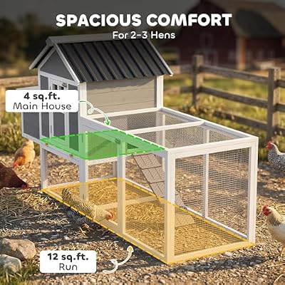 PawHut 82 Wooden Chicken Coop, Large Outdoor Hen House Poultry Hutch for 2-3 Hens, Chicken House with Nesting Box, Pull-on Tray, Waterproof Roof, Ramp and Roosting Bars for Backyard, Gray