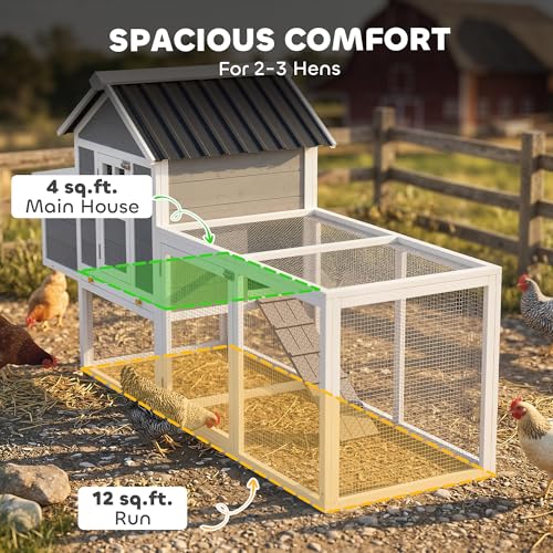 Image of PawHut 82 inch Wooden Chicken Coop, Large Outdoor Hen House Poultry Hutch for 2-3 Hens, Chicken House with Nesting Box, Pull-on Tray, Waterproof Roof, Ramp and Roosting Bars for Backyard, Gray