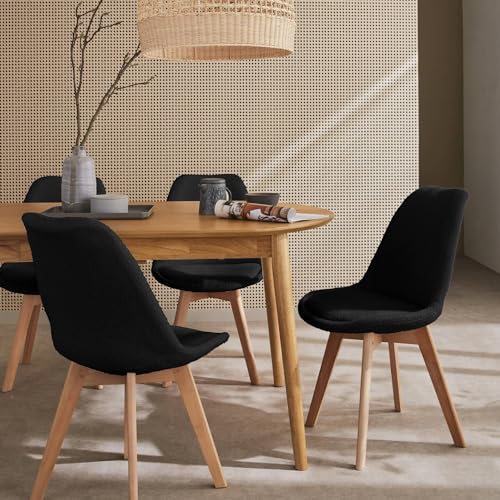 sweeek - Silla escandinava de Haya y Borreguito, Set de 4, Nils, Negro, 47x55x81 cm