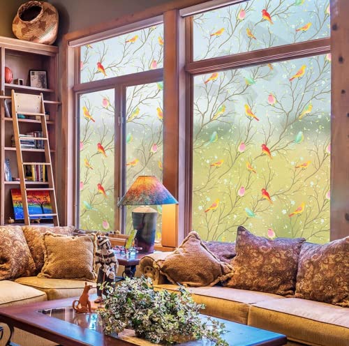 Image of WISDOM Privacy Window Film Frosted Glass Film Glass Film No Glue Anti-UV Window Sticker Non Adhesive for Privacy Office Meeting Room Bathroom Living Room (Color Birds Frosted, 12 x 100 inch)
