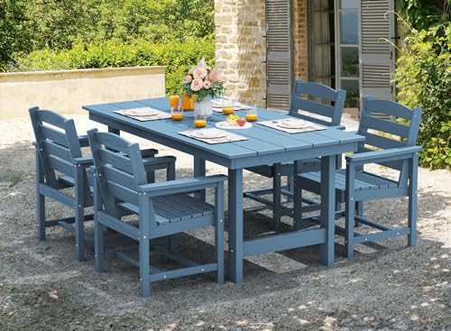 Image of SERWALL 67 inch Rectangle Outdoor Dining Table for 6, Blue | Patio Dining Table with an umbrella hole, HDPE Outdoor Dining Table which can holds up to 220LBS