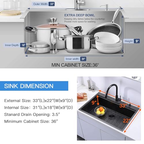 Image of 33x22 Drop In Kitchen Sinks Black, Gunmetal Black Stainless Steel Workstation 16Guage Topmount Single Bowl 9 Inch Deep Sink for Kitchen with Integrated Accessories and Features