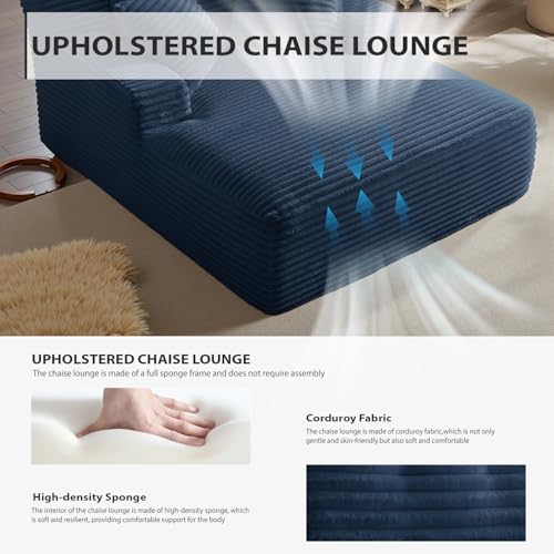 Image of 67 Inch Chaise Lounge Chair Indoor, Oversized Corduroy Upholstered Boneless Sofa Bed, Deep Seat Sleeper Couch Reading Chairs, Cloud Sofas Couches for Living Room, No Assembly Required (Blue)