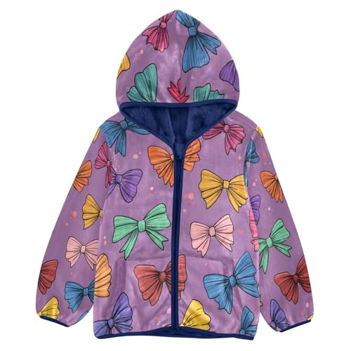 Colorful Bows on Purple Toddler Fleece Jacket Girl Boys Hooded Fleece Jacket Coat Warm Outwear Zip-up 3-10T