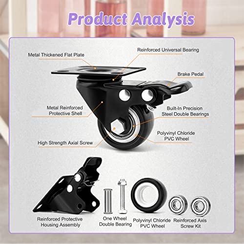 Mromax 2 Inch Fixed Caster Wheels, No Noise Pvc Plate Casters, Each Capacity 132Lbs, Double Ball Bearing Black Fixed Plate Casters For Workbench And Furniture (Pack Of 4) #TOP4