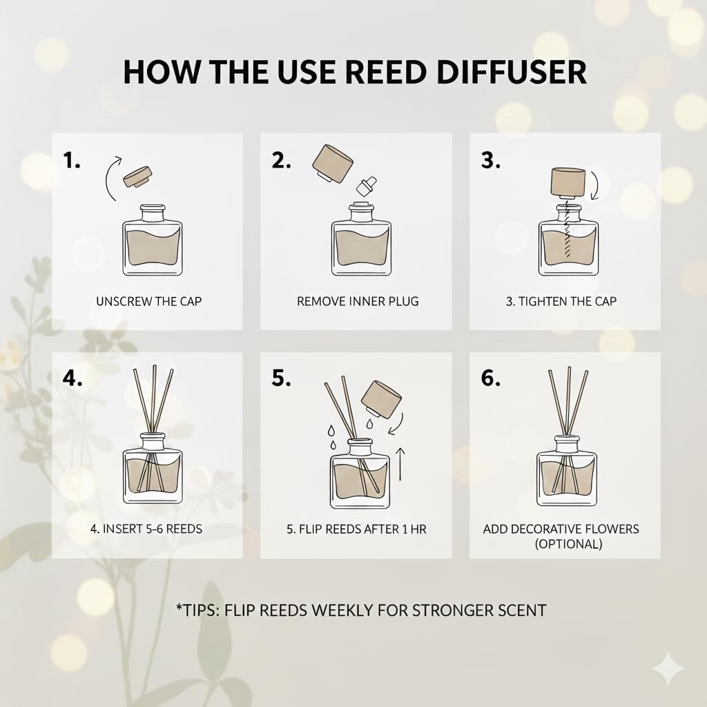 Reed Diffuser Set - Vanilla Coconut Oil, Oil Diffuser Sticks, Bathroom Diffuser, Bathroom Shelf Decor, 200ml with Preserved Flowers - PEANÄK - Image 7