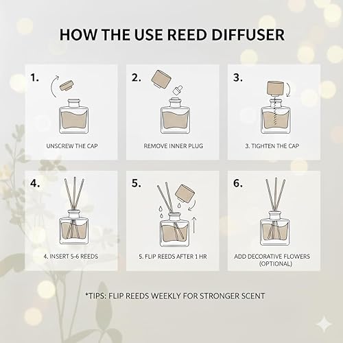 Miniatura 7 de Juego de difusor de varillas Aceite de coco y vainilla, varillas difusoras de aceite, difusor de baño, decoración de baño, 6.8 fl oz con flores