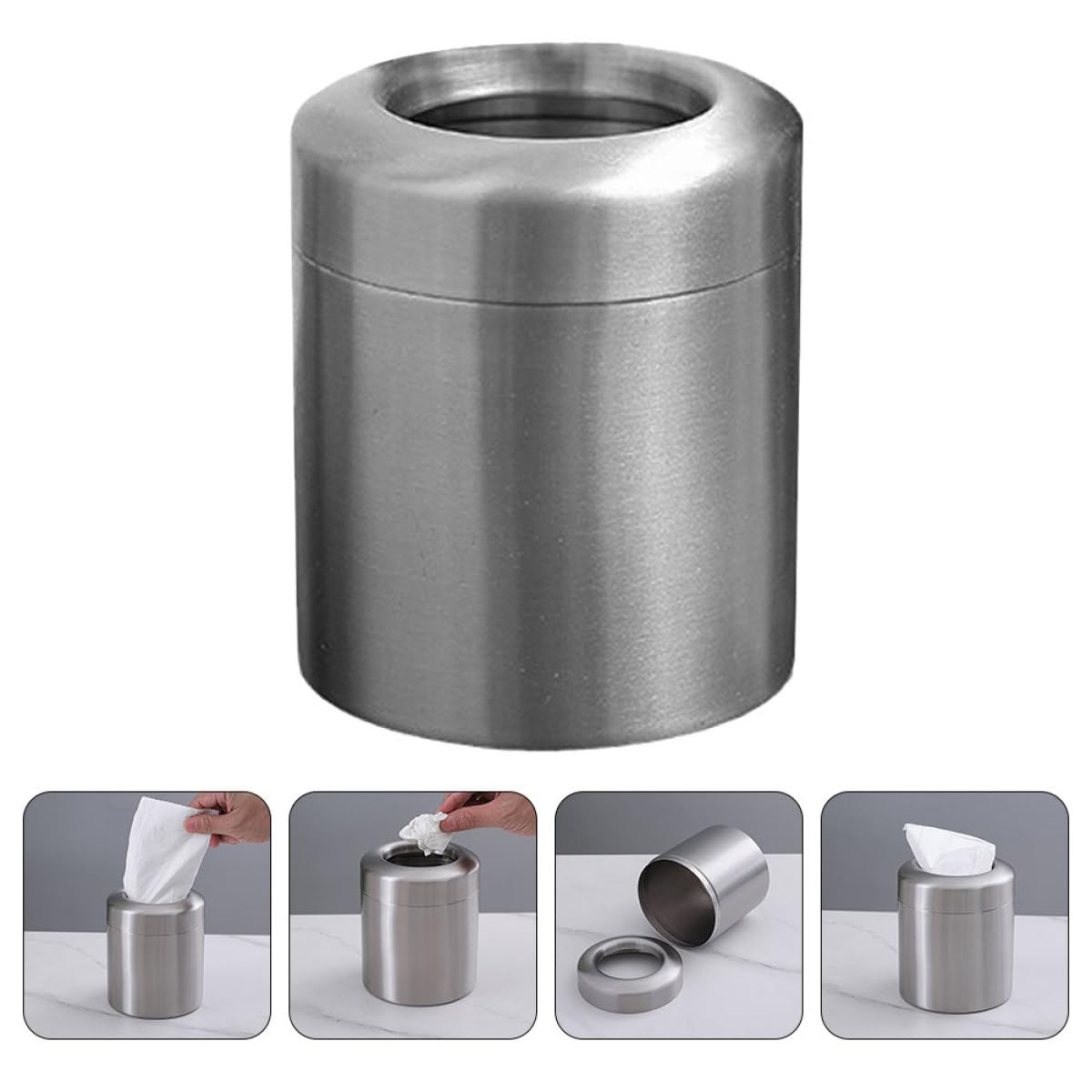 Luxshiny Mini 1.5l Stainless Steel Trash Can, Small Round Desktop Wastebasket for Office Desk and Bathroom Countertop, Brushed Metal Dustbin Without Lid for Coffee Bar Use