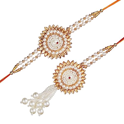 Image of eCraftIndia Pearls Designer Bhaiya Bhabhi Rakhi Set with Roli Chawal Pack | Rakhis for Brother Bhaiya Bhai