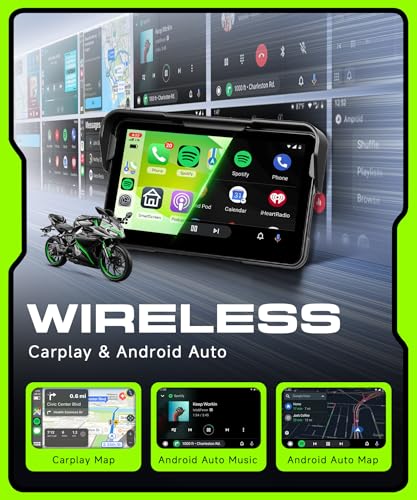 Image of Motorcycle CarPlay Screen 5 Inch Wireless & Android Auto, Safety-Focused with IP68 Waterproof Touchscreen, 3s Quick Release Bracket, Voice Control, GPS, Bluetooth Helmet /TPMS Support