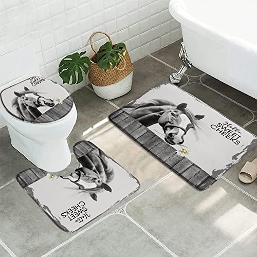 3pcs Farmhouse Horse Bathroom Sets with Non-Slip Rug,Toilet Lid Cover and Bath Mat,Rustic Animal Horse Daisy Flower Western Barn Country Wooden Fence Country Bathroom Carpet Bath Mat Toilet Rugs