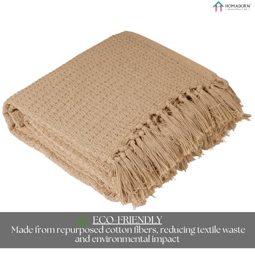 Image of HOMADORN Waffle Weave Cotton Throw Blanket - Lightweight, Breathable & Cozy for Sofa or Bed (100% Cotton)(50X60 Inches) Beige