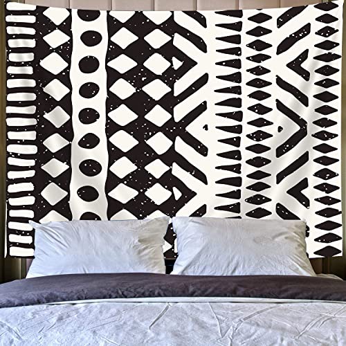 African Mud Cloth Tapestry Wall Hanging Art, Black And White Tribal Afrocentric Ethnic Bohemian Motif With Geometric Elements Wall Decor Tapestries For Bedroom Living Room Dorm Office Party #TOP3