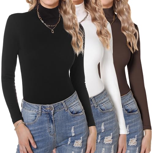 Aottori Camiseta Cuello Alto Mujer Pack 3 Manga Larga Básica Tops Elegante Ropa Interior Blusas Shirt Ajustado Elástico Liso Ligero Casual Túnica Negro+Blanco+Marrón L
