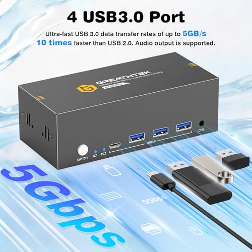 Image of GREATHTEK 3 Monitor KVM Switch for 2 Computers, DisplayPort HDMI Triple Monitor KVM Switch 8K@60Hz /4K@240Hz, 4 USB 3.0 Ports, Adaptive EDID, Windows /macOS /Linux for Home Office, Programming, Gaming