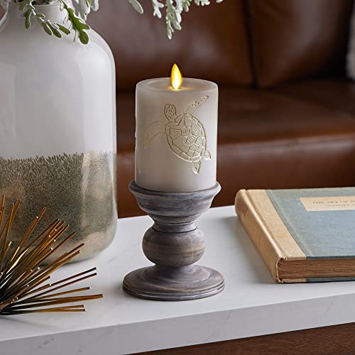 Image of Luminara Grey Flameless LED Candle with Debossed Sea Turtle Moving Flame Pillar (3 inch x 4.5 inch), Unscented Real Wax with Recessed Edge, Battery Operated Candle Lights