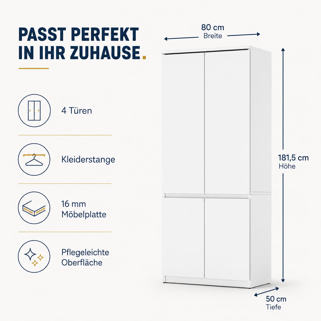ELVA Kleiderschrank 80 cm – Grifflose Garderobe mit 4 Türen, Schrank für Schlafzimmer, Flur & Ankleidezimmer – 80x181,5x50 cm (Matt Weiß)