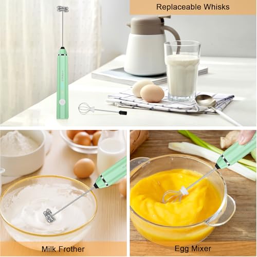 Image of Philorn Milk Frother Wand Handheld Rechargeable Electric Whisk Coffee Drink Mixer, Mini Foamer for Lattes, Cappuccino, Frappe, Matcha, Hot Chocolate, Protein Powder, Keto Diet (Green 2 Heads)